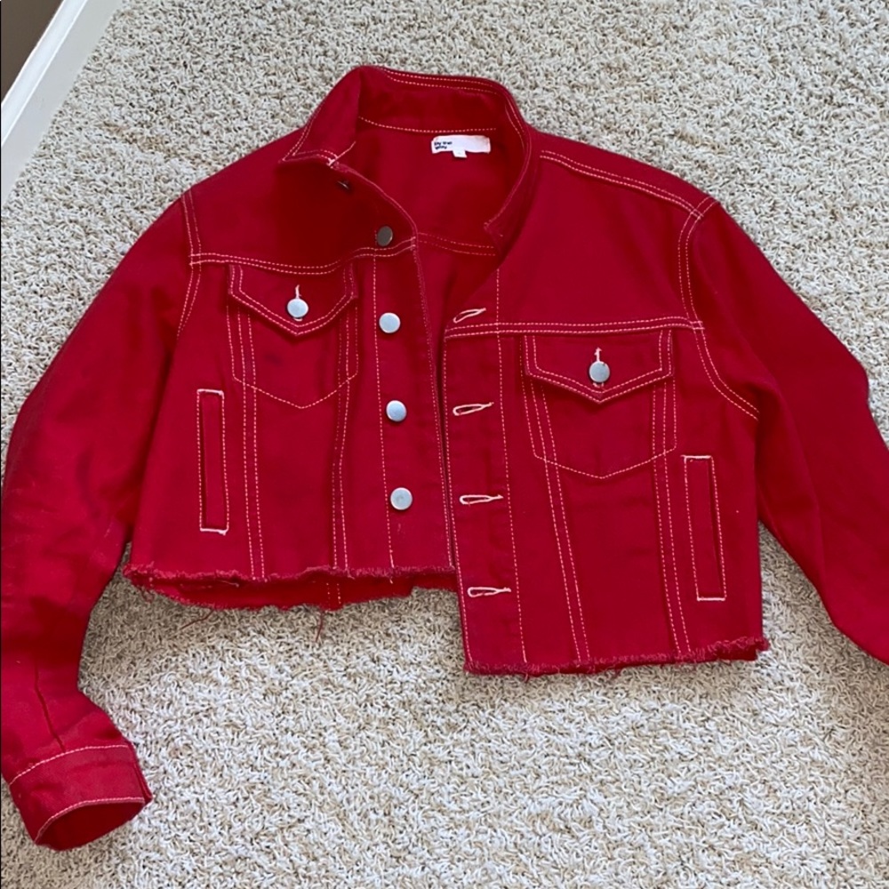 red jean jacket